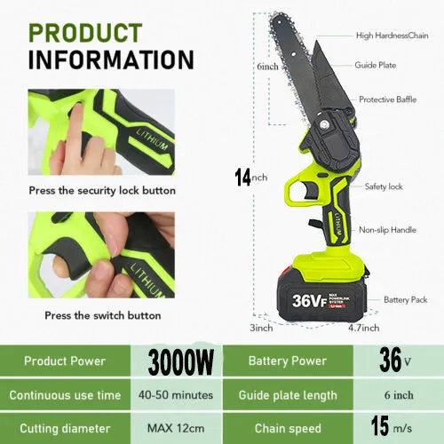36V 3000W Mini Cordless Chainsaw | 2X Battery-Powered Wood Cutter | Rechargeable