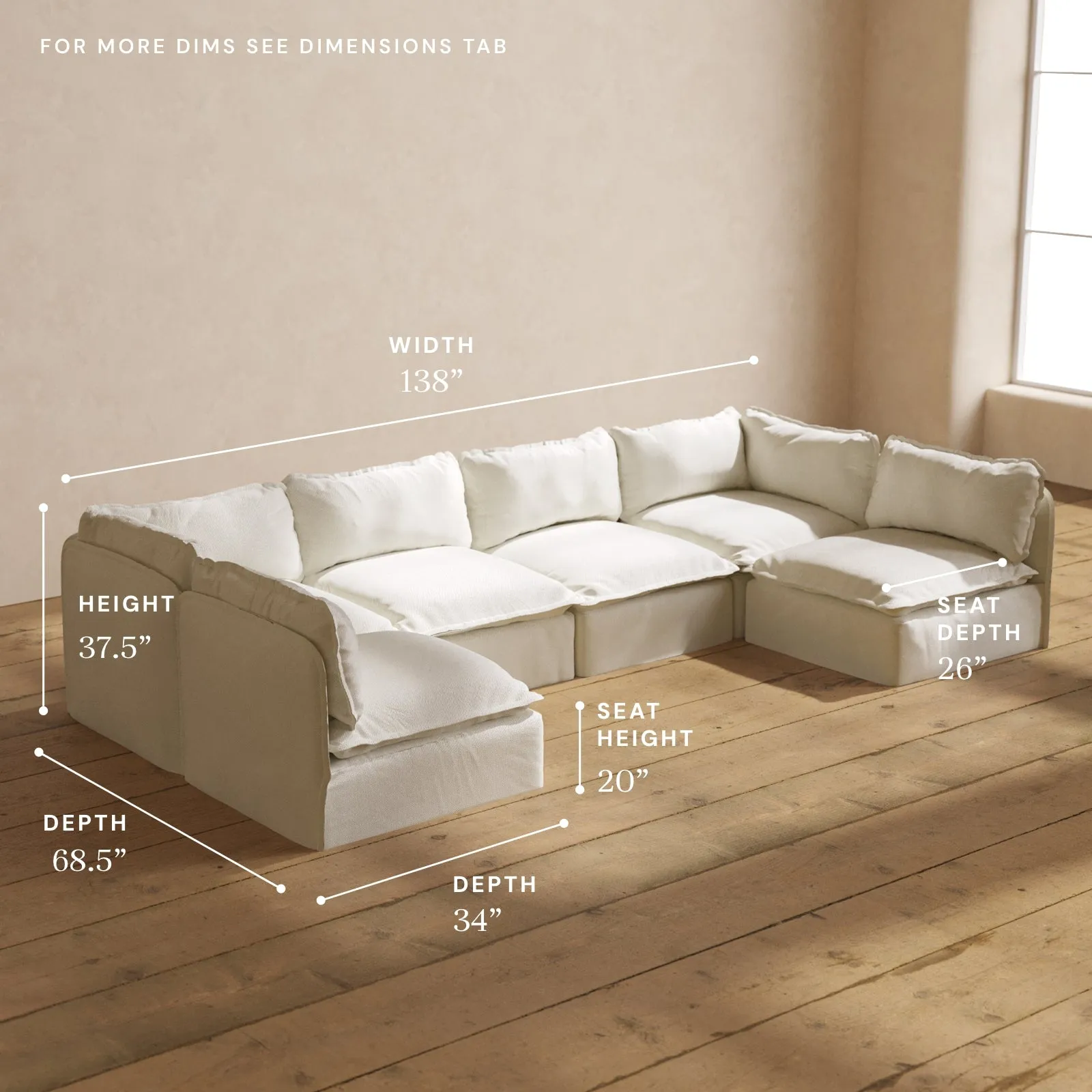Modular Washable 6-Seater Open-Ends U-Sectional in Eggshell | Deluxe  Seat | Cloud Pillow