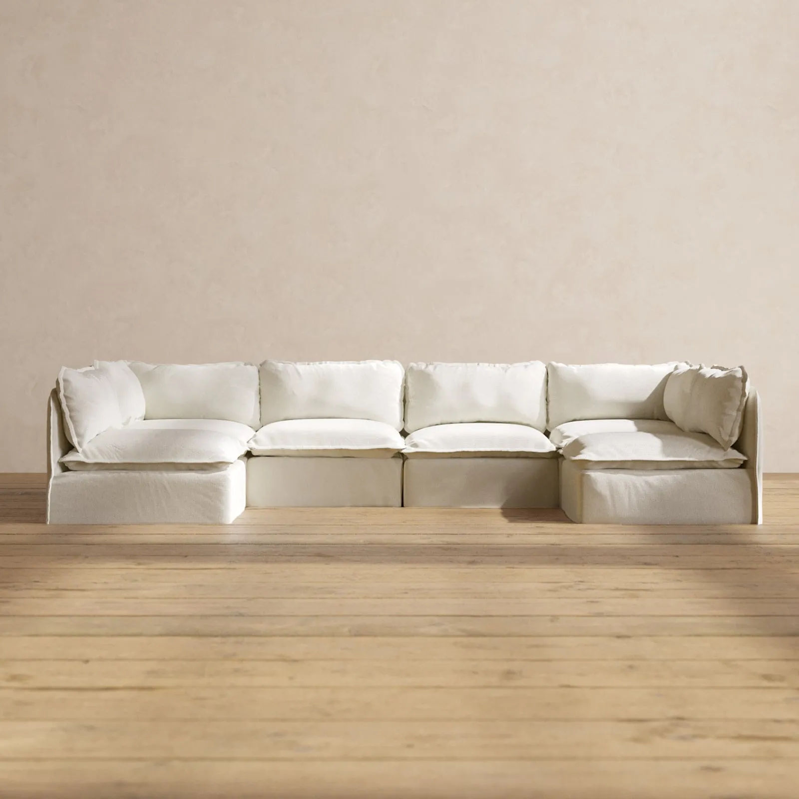 Modular Washable 6-Seater Open-Ends U-Sectional in Eggshell | Deluxe  Seat | Cloud Pillow