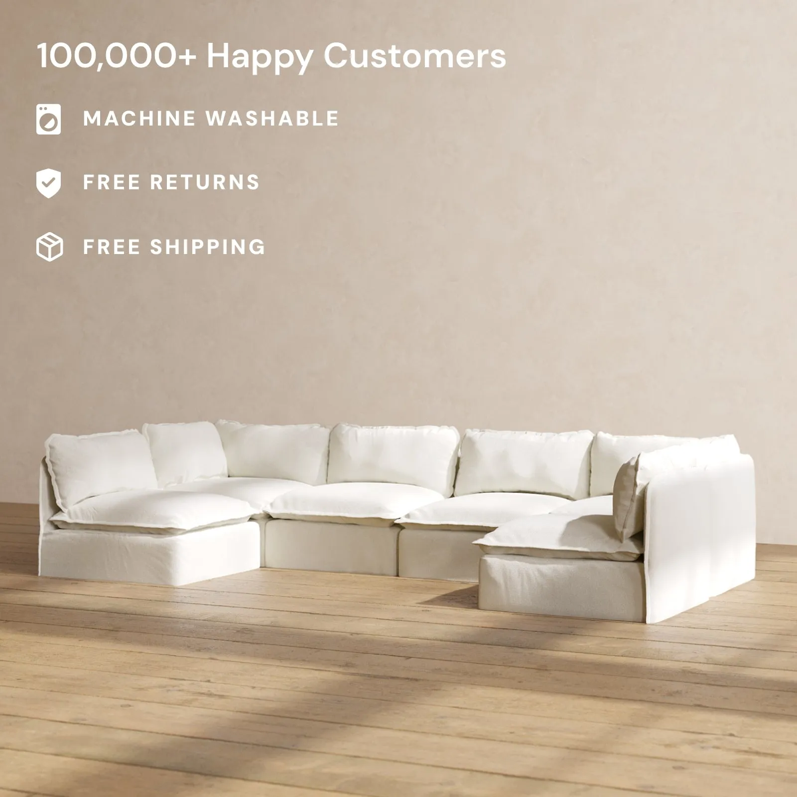 Modular Washable 6-Seater Open-Ends U-Sectional in Eggshell | Deluxe  Seat | Cloud Pillow