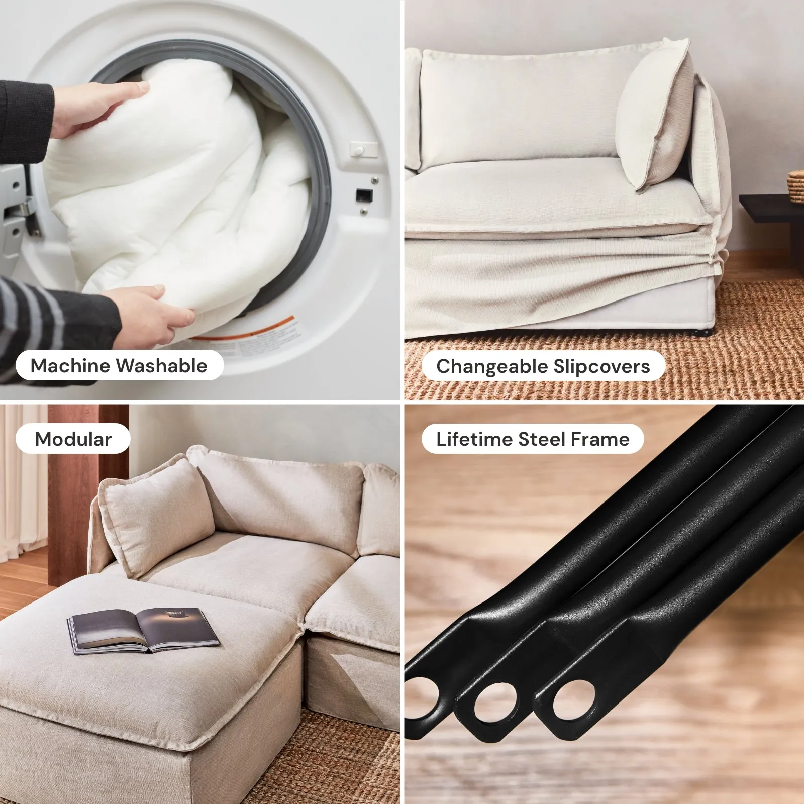 Modular Washable 6-Seater Open-Ends U-Sectional in Eggshell | Deluxe  Seat | Cloud Pillow