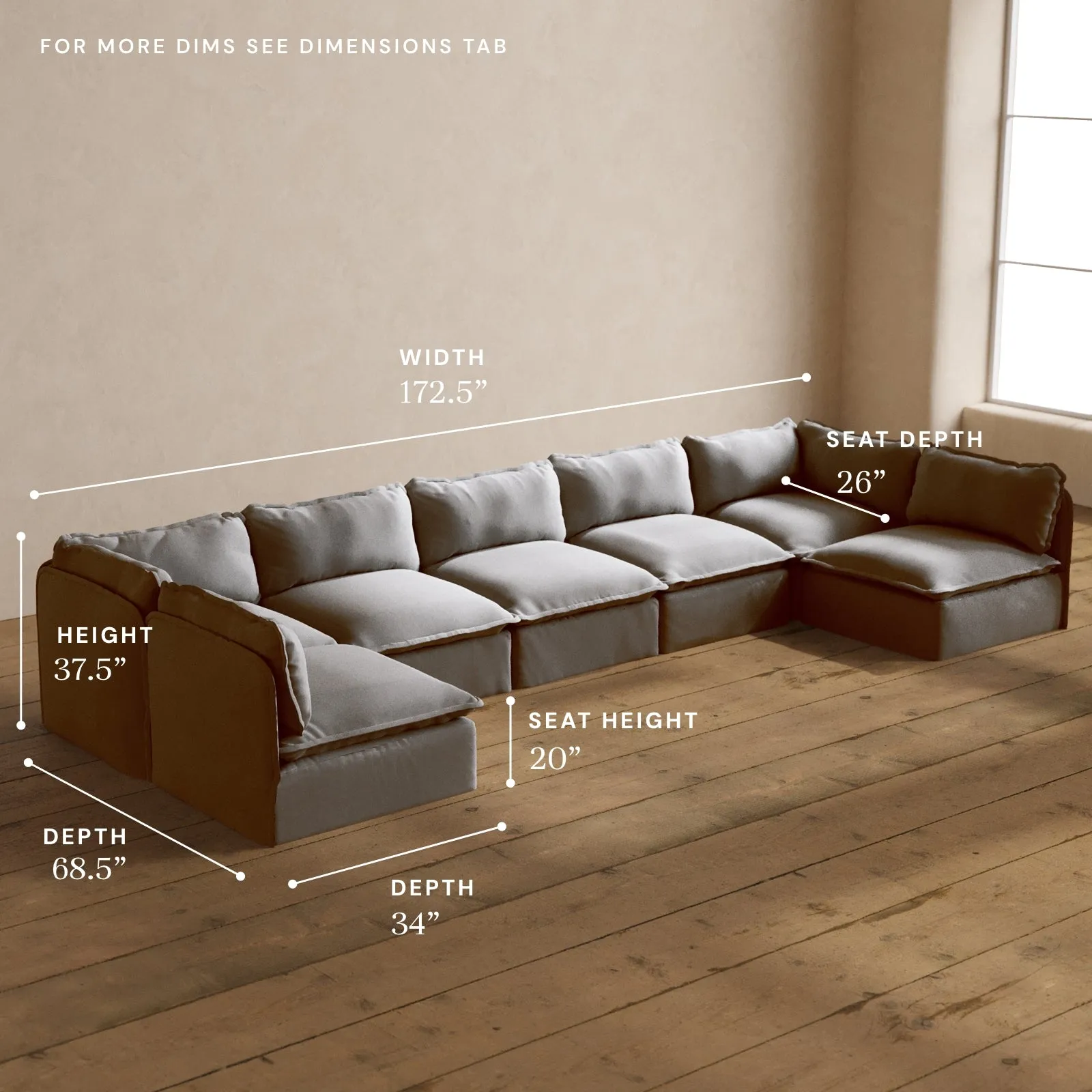 Modular Washable 7-Seater Open-Ends U-Sectional in Pumice | Memorix  Seat | Cloud Pillow