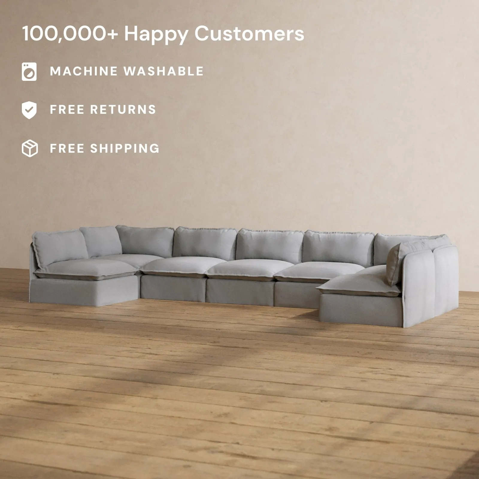 Modular Washable 7-Seater Open-Ends U-Sectional in Pumice | Memorix  Seat | Cloud Pillow