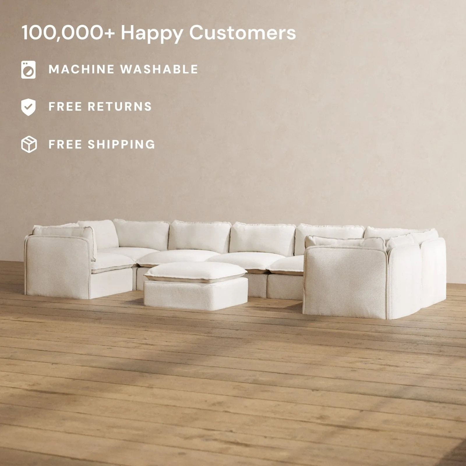 Modular Washable 7-Seater U-Sectional   Ottoman in Powder | Memorix  Seat | Cloud Pillow