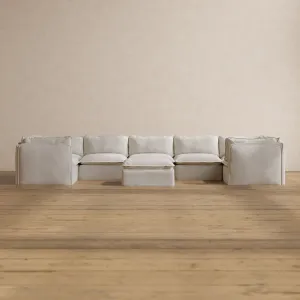 Modular Washable 7-Seater U-Sectional   Ottoman in Powder | Memorix  Seat | Cloud Pillow