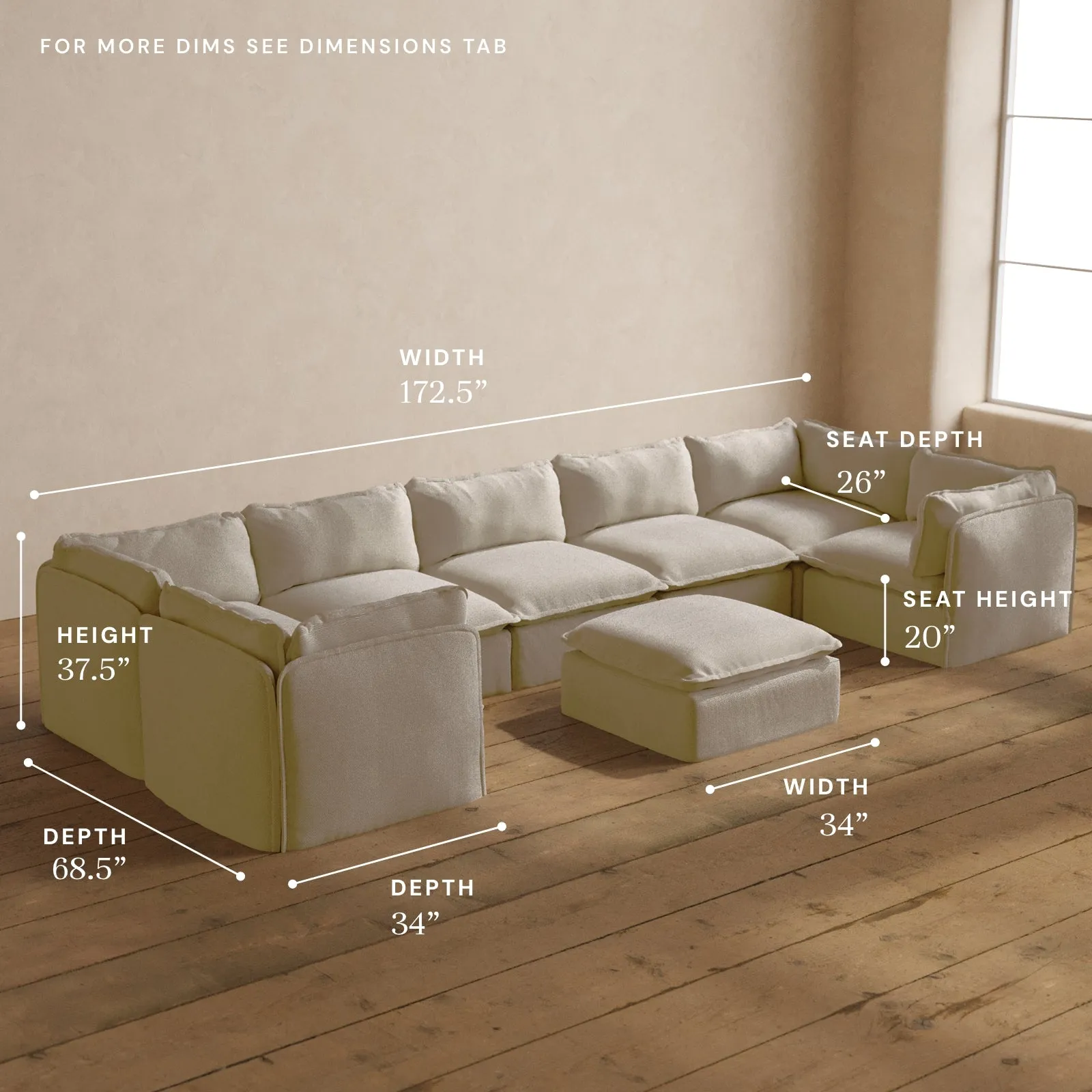 Modular Washable 7-Seater U-Sectional   Ottoman in Powder | Memorix  Seat | Cloud Pillow