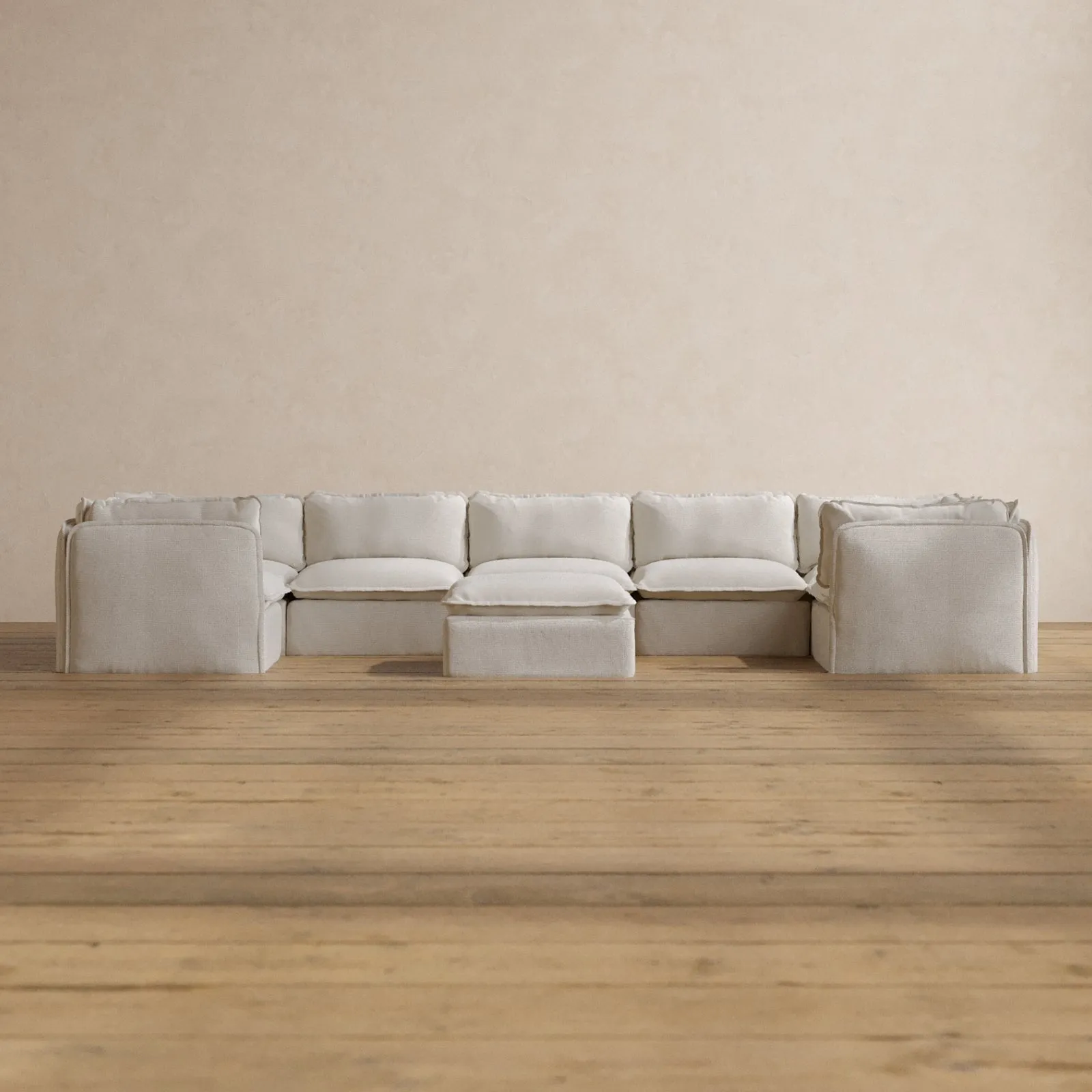 Modular Washable 7-Seater U-Sectional   Ottoman in Powder | Memorix  Seat | Cloud Pillow
